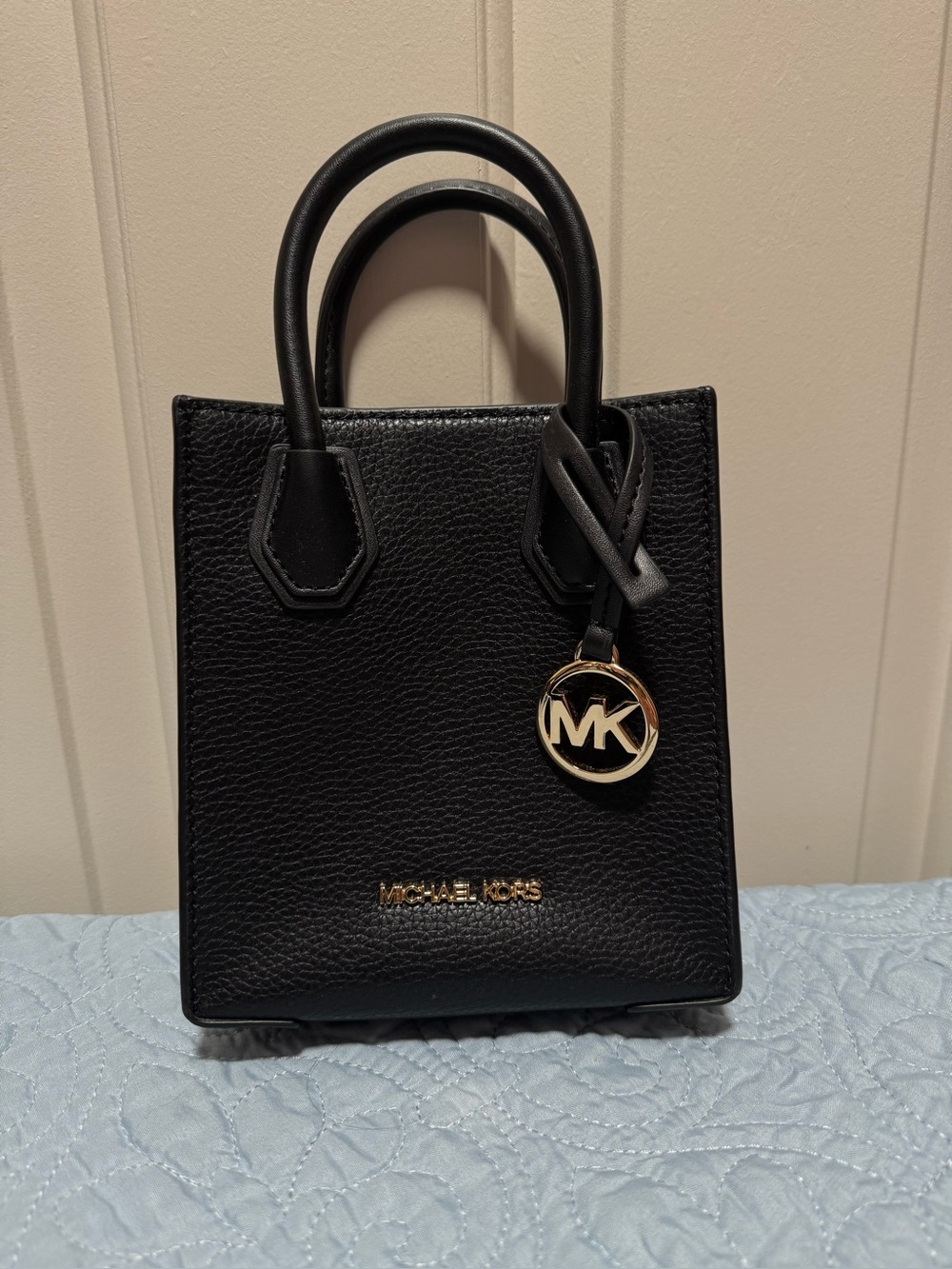 Michael Kors Black Pebbled Leather Mini XS Mercer Tote with Gold MK Charm COA